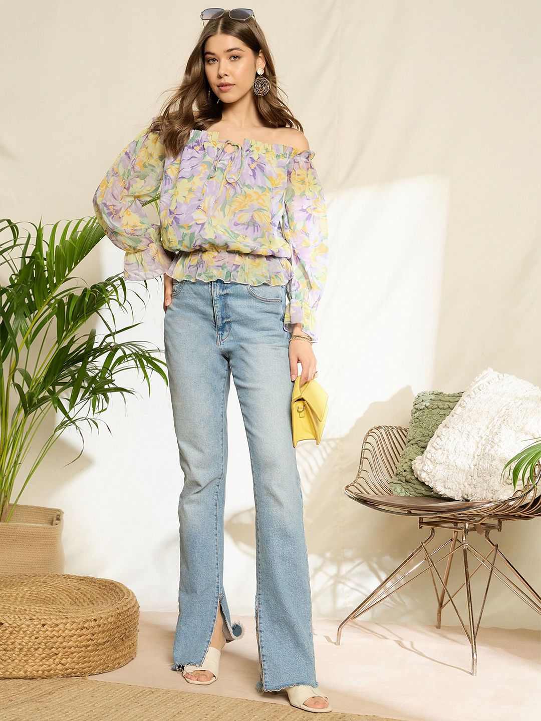 Berrylush Floral Print Off-Shoulder Flared Sleeve Ruffles Georgette Peplum Top