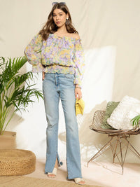 Berrylush Floral Print Off-Shoulder Flared Sleeve Ruffles Georgette Peplum Top