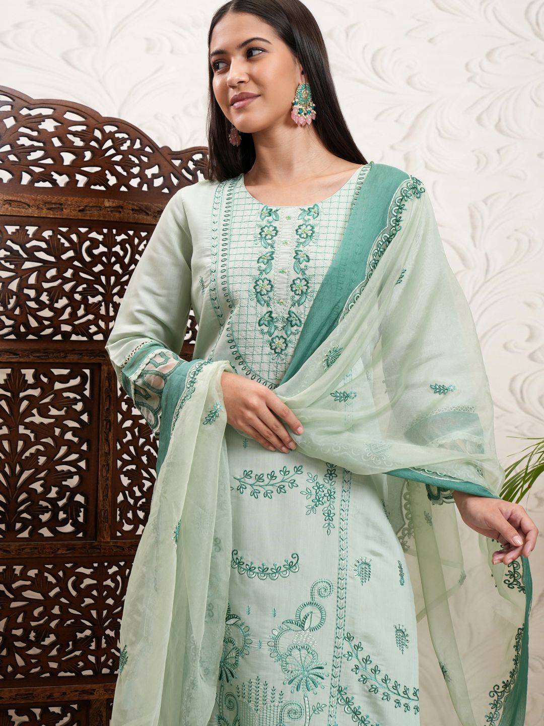 Vishudh Green Ethnic Motifs Embroidered Straight Kurta & Trousers With Dupatta