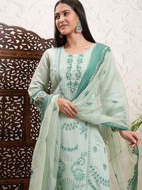 Vishudh Green Ethnic Motifs Embroidered Straight Kurta & Trousers With Dupatta