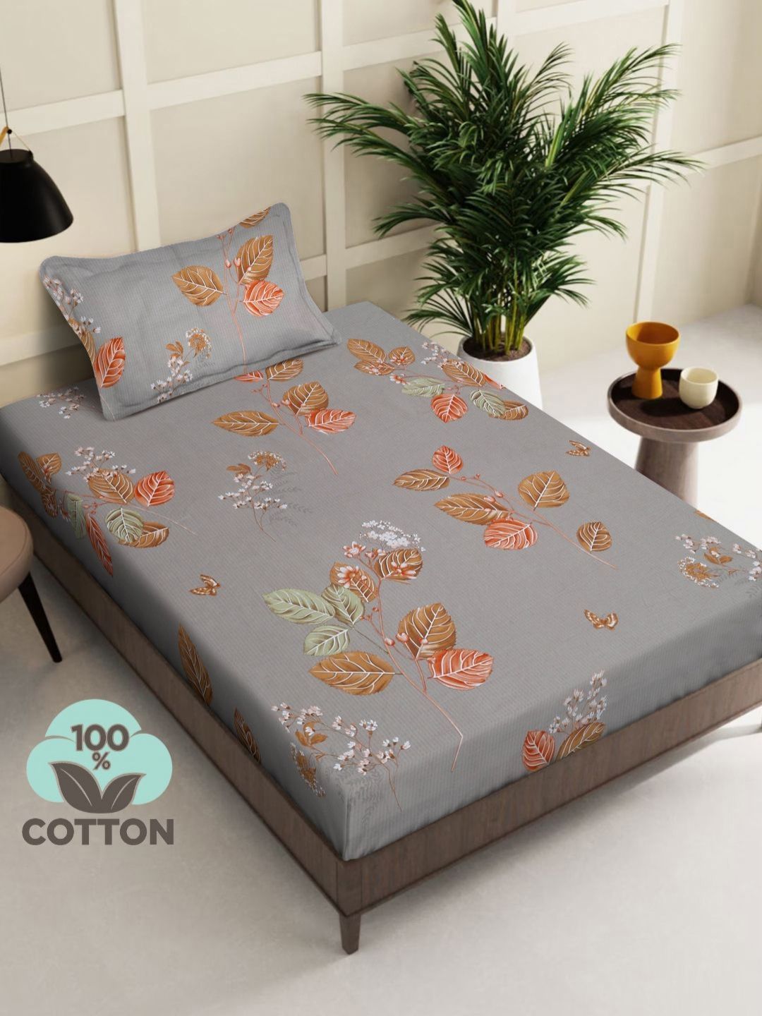 Myntra Elegant Homes Kapas Bunga Kelabu & Coklat 400 TC Set Cadar Bujang 2.25 m x 1.50 m