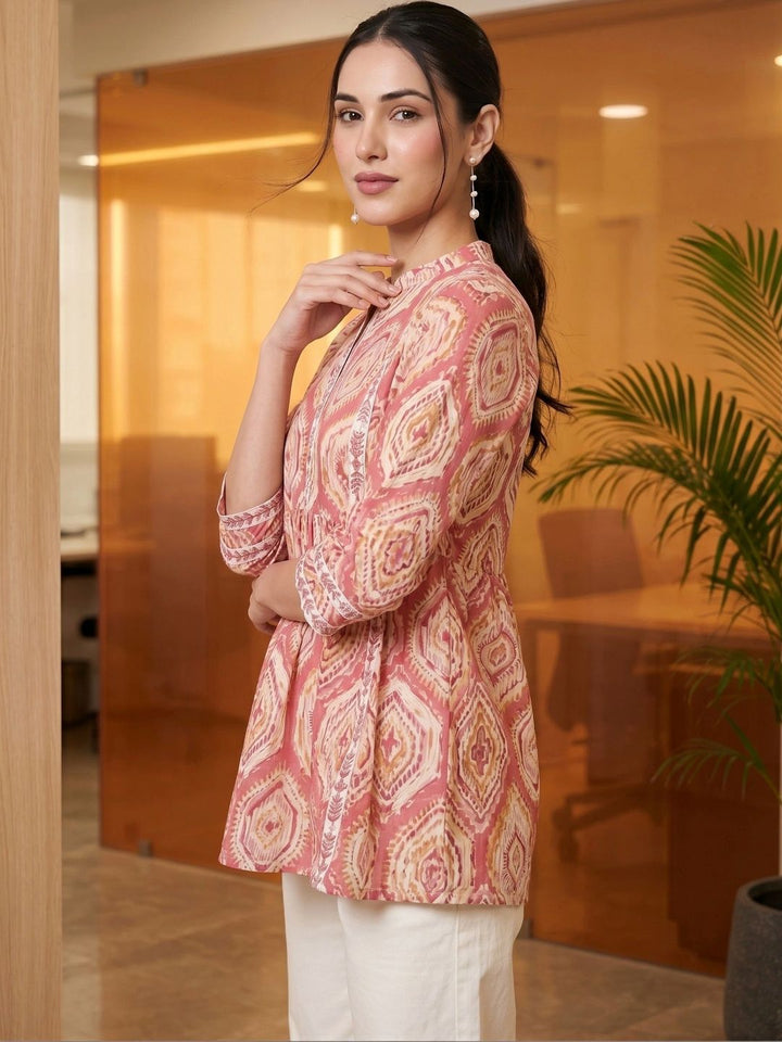 Mamicha Print Mandarin Collar Cotton Top