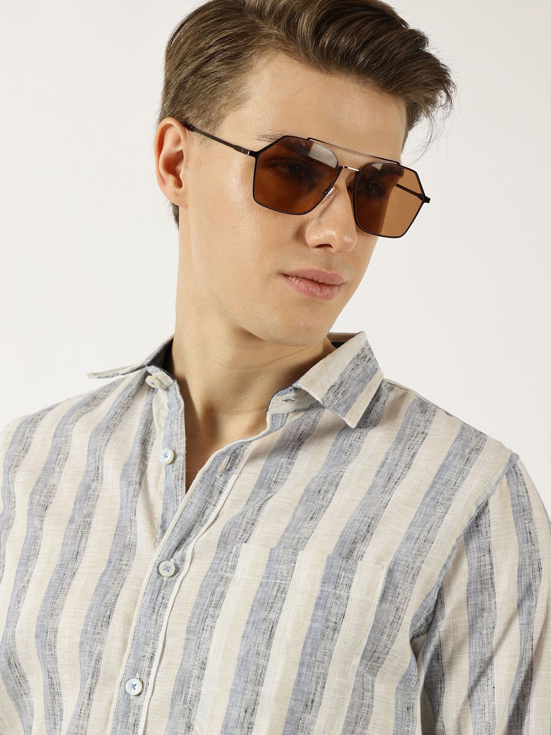 Thomas Scott Men Classic Spread Collar Vertical Striped Linen Slim Fit Casual Shirt