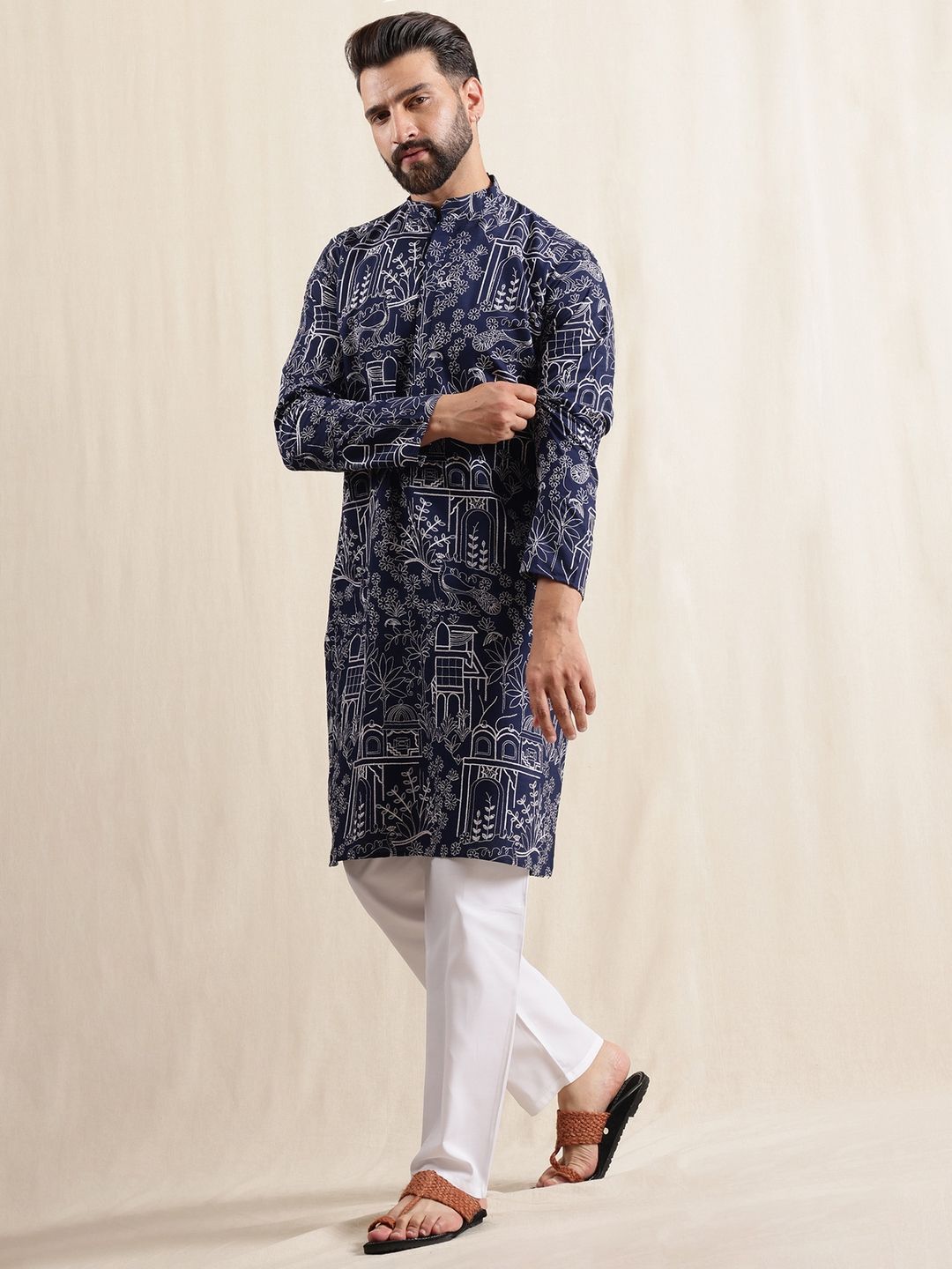 SOJANYA Lelaki Motif Etnik Bercetak Kurta Lurus Perayaan