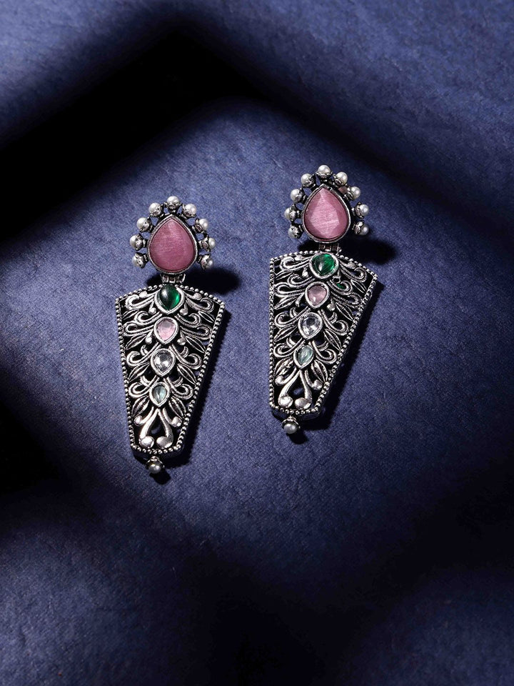 PANASH Silver Plated Cubic Zirconia Studded Oxidized Drop Subang
