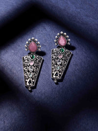 PANASH Silver Plated Cubic Zirconia Studded Oxidized Drop Subang