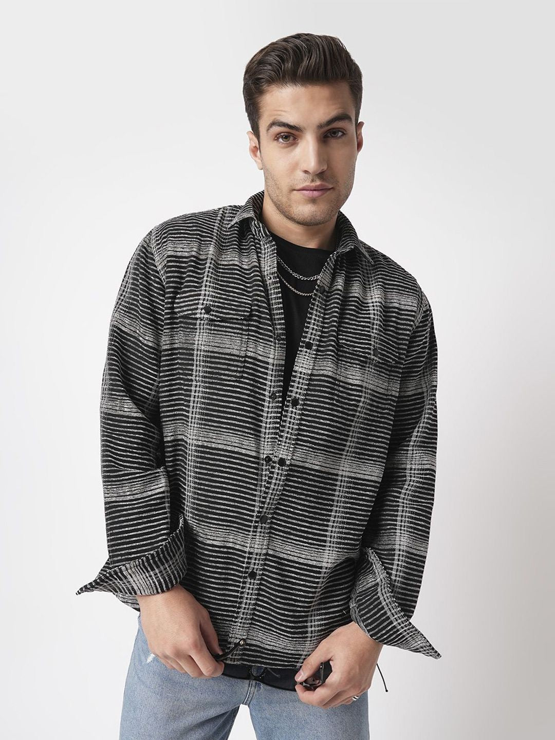 VASTRADO Men Black & White Checked Double Flap Pocket Textured Overshirt