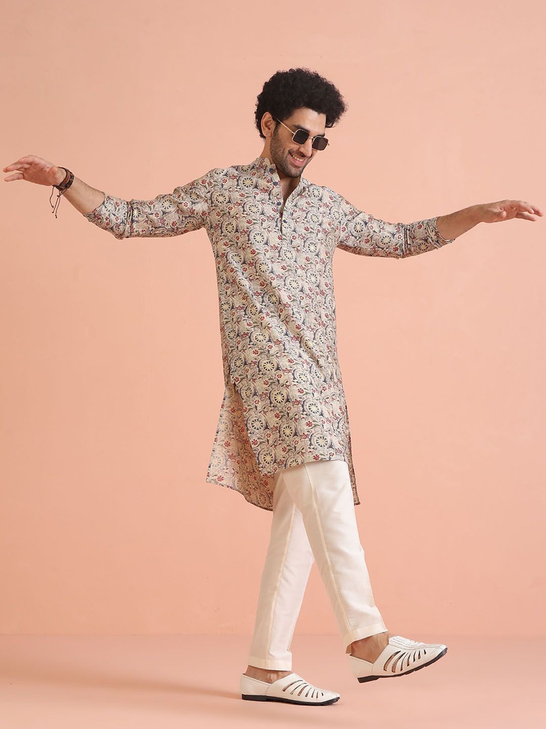 KISAH Floral Embroidered Kantha Work Mandarin Collar Straight Kurta with Trousers