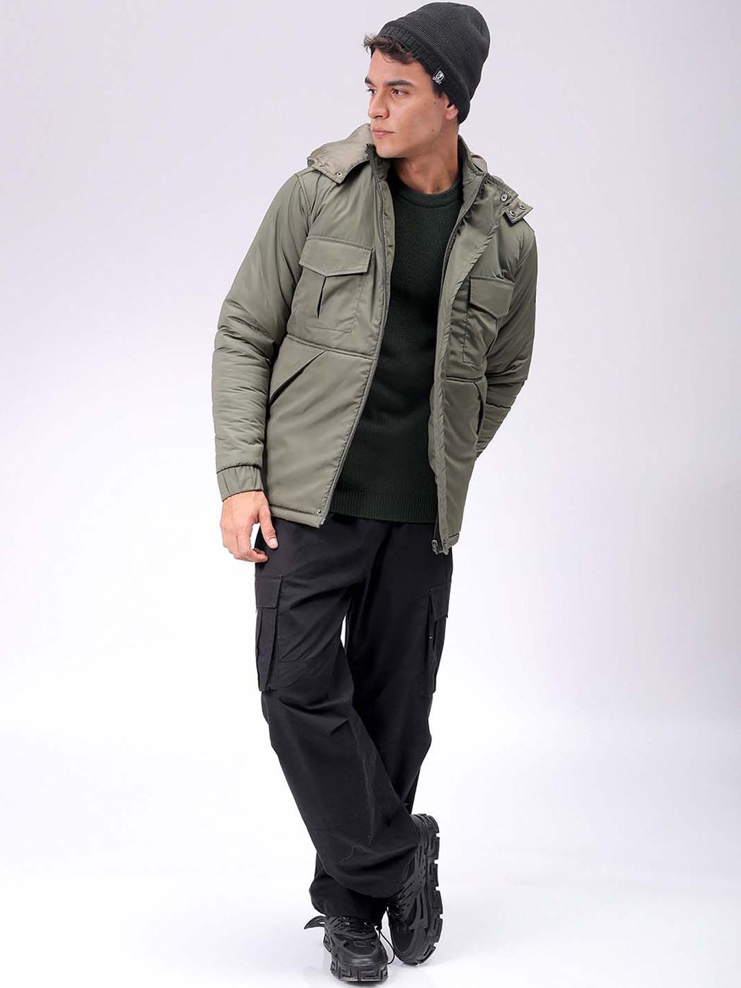 The Indian Garage Co Men Olive Solid Hooded Neck Padded Parka Jacket