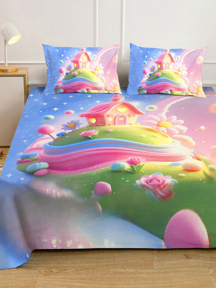 KLOTTHE Blue Cartoon Characters  Printed 400 TC King Superfine Bedsheets