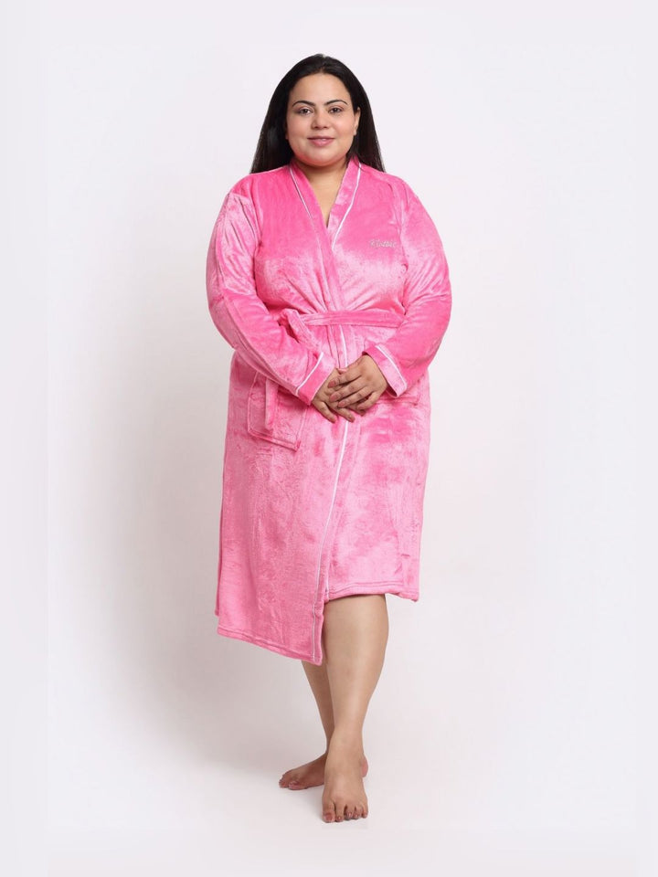 KLOTTHE Plus Size Pink Woollen Long Sleeves Bath Robe With Belt