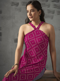 Anouk Fuchsia Bandhani Printed Halter Neck Straight Kurta