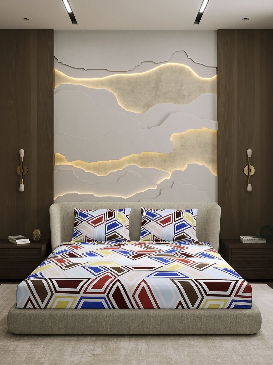 Monte Carlo Blue & Rust Printed Cotton 104 TC Queen Bedsheet Set 2.24 m x 2.54 m