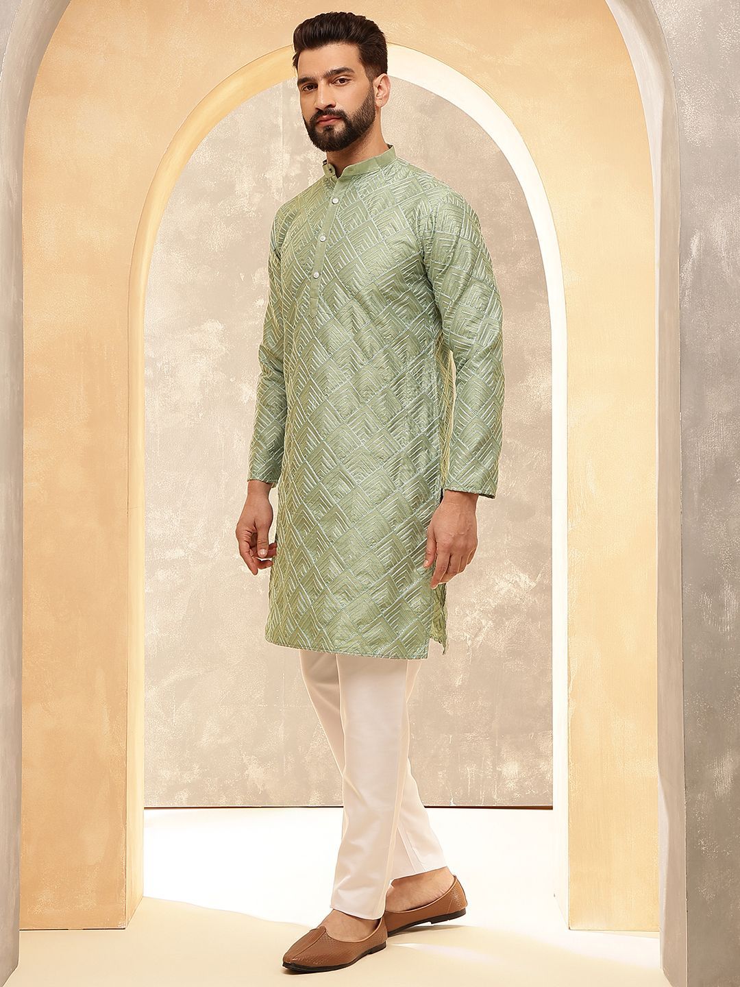 Anouk Olive Geometric Embroidered Straight Kurta With Pyjamas And Nehru Jacket