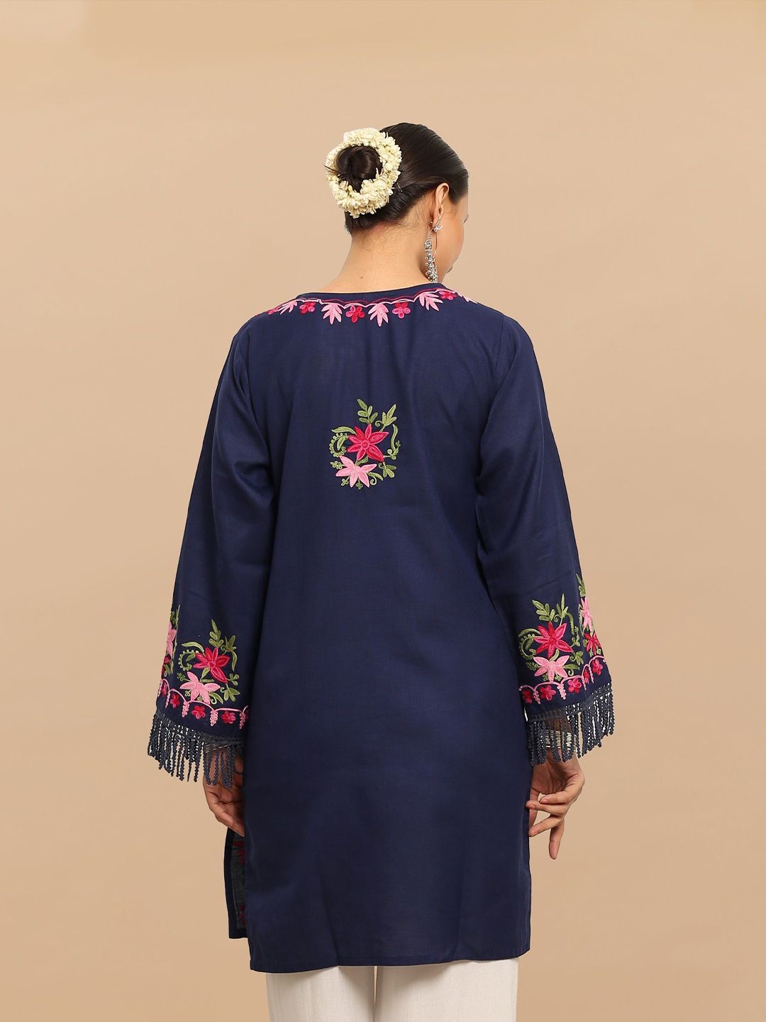 HOUSE OF KARI Falak Kashmiri Embroidered Flared Sleeves Thread Work Cotton Straight Kurta