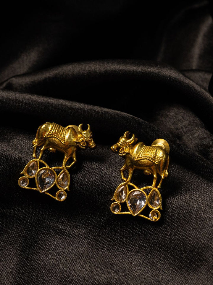 PANASH Gold-Plated Artificial Stones Studded Cow Shaped Drop Earrings
