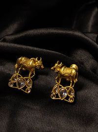 PANASH Gold-Plated Artificial Stones Studded Cow Shaped Drop Earrings
