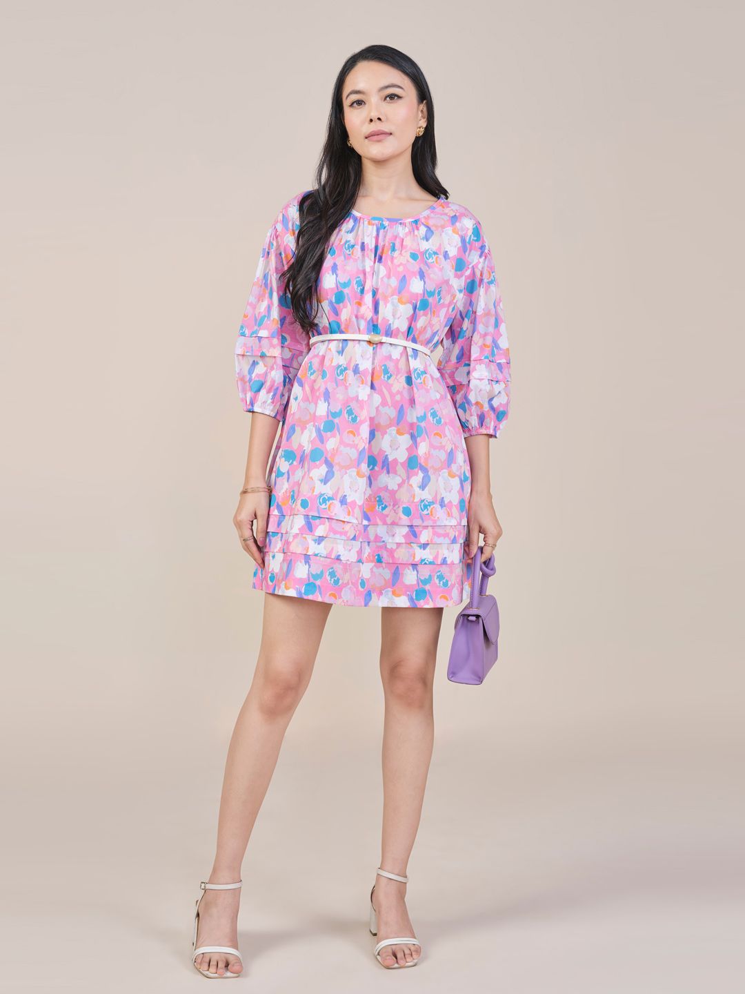 AND Floral Printed Puff Sleeve A-Line Mini Dress
