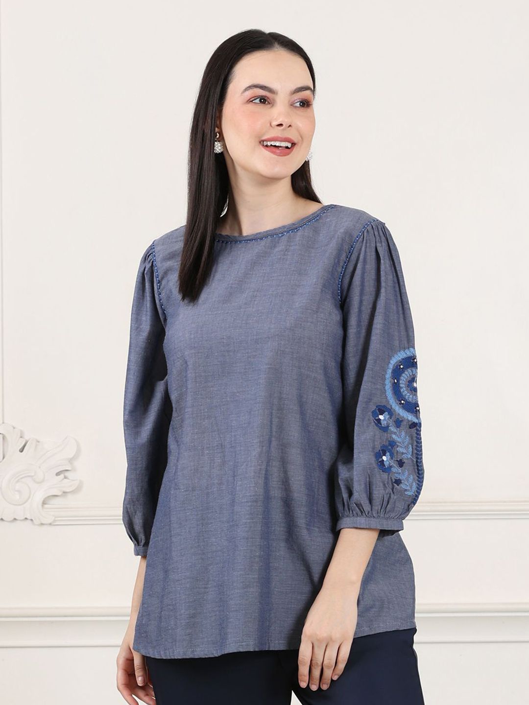 W Puff Sleeve Cotton Top