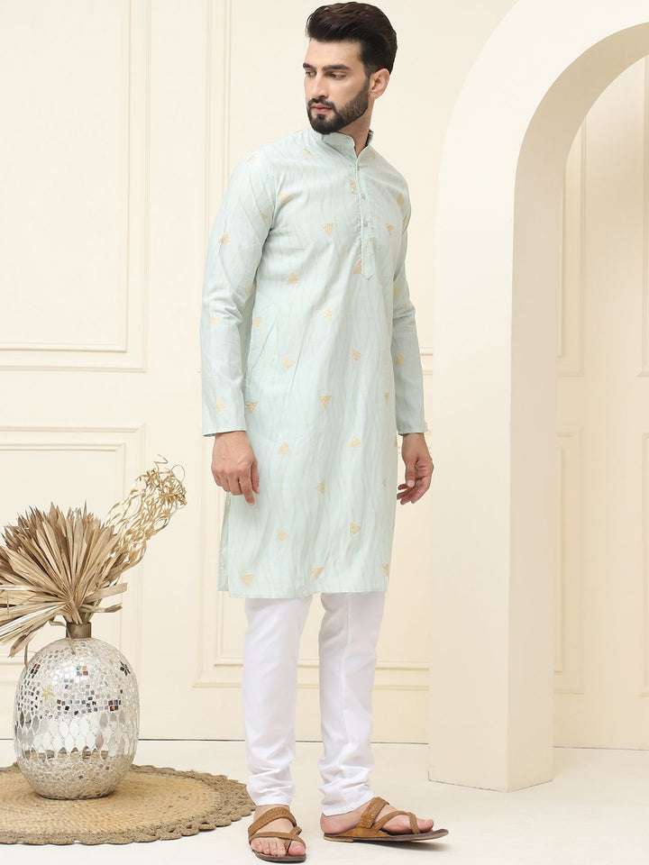 SOJANYA Geometric Woven Design Mandarin Collar Silk Cotton Straight Kurta dengan Piyama