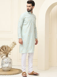 SOJANYA Geometric Woven Design Mandarin Collar Silk Cotton Straight Kurta dengan Piyama
