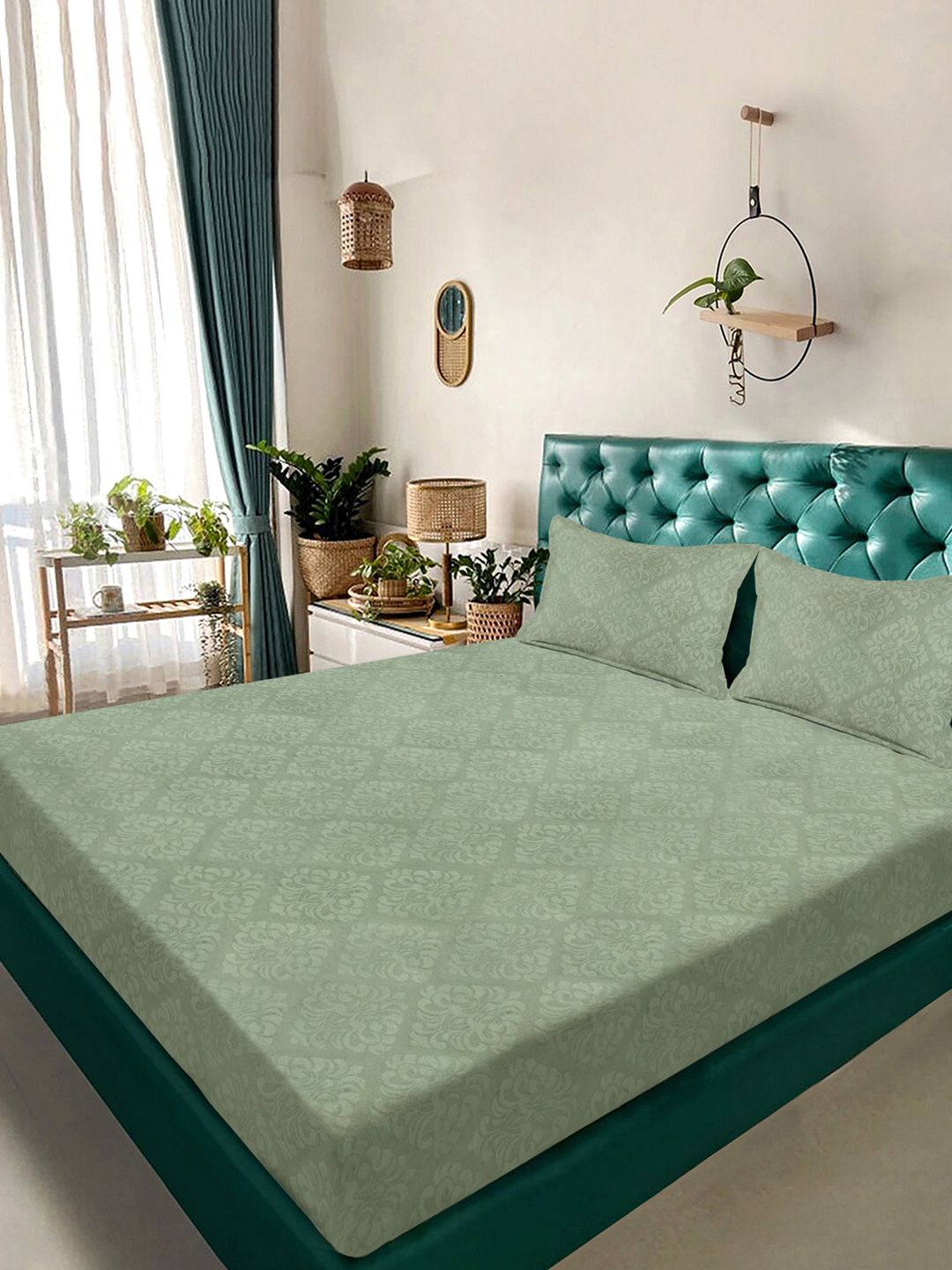 KLOTTHE Green Floral Embossed Printed Fitted 400TC King Bedsheet With 2 Pillow Cover