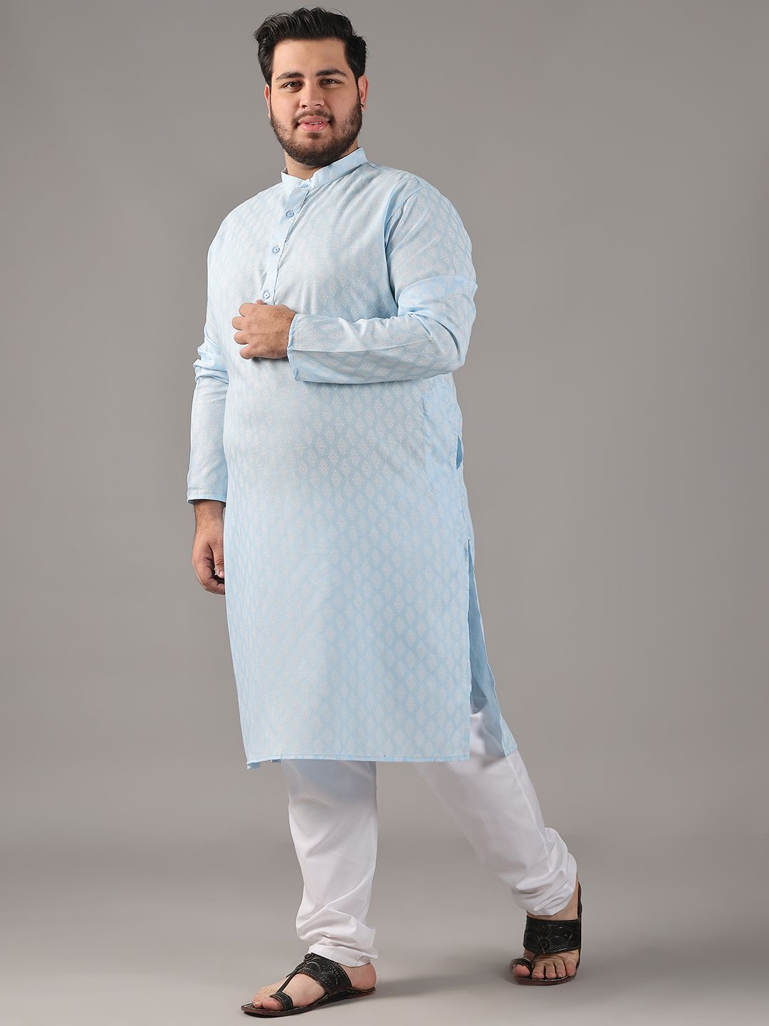 SOJANYA PLUS Plus Size Lelaki Motif Etnik Bercetak Kolar Jalur Kurta Lurus Dengan Piyama