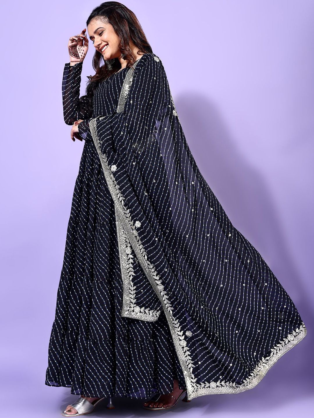 KALINI Leheriya Printed Round Neck Tiered Anarkali Kurta with Pyjamas & Dupatta