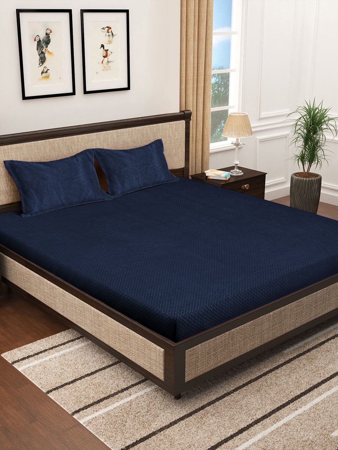 Myntra Elegant Homes Navy Blue Solid Woolen 300 TC King Bedsheet With 2 Pillow Covers