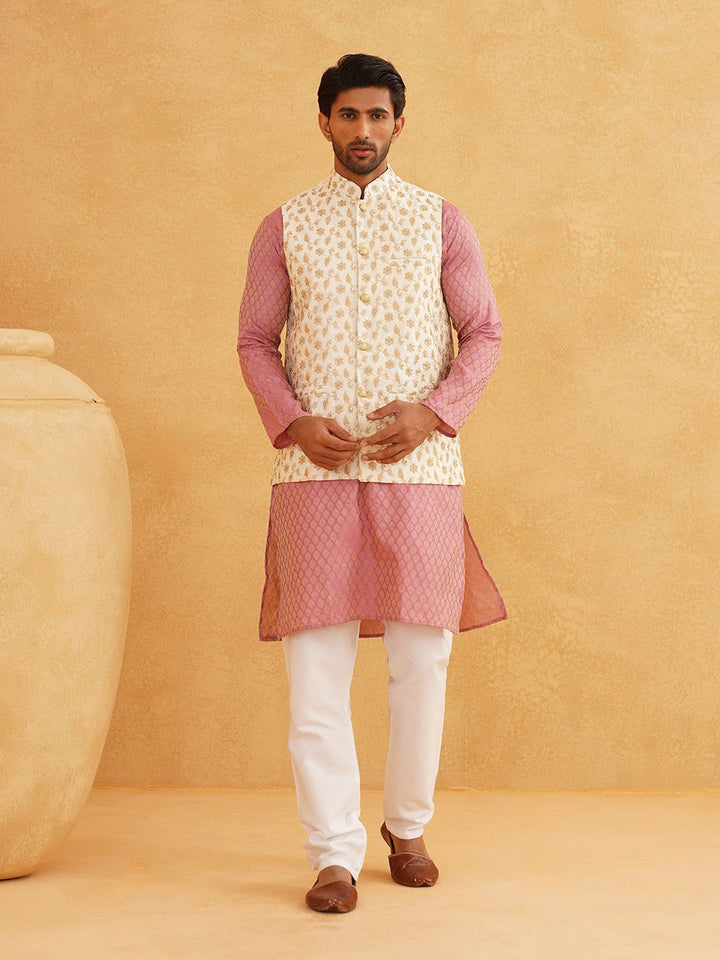 SOJANYA Motif Etnik Rekaan Tenun Kurta Kolar Mandarin Dengan Jaket Churidar Dan Nehru