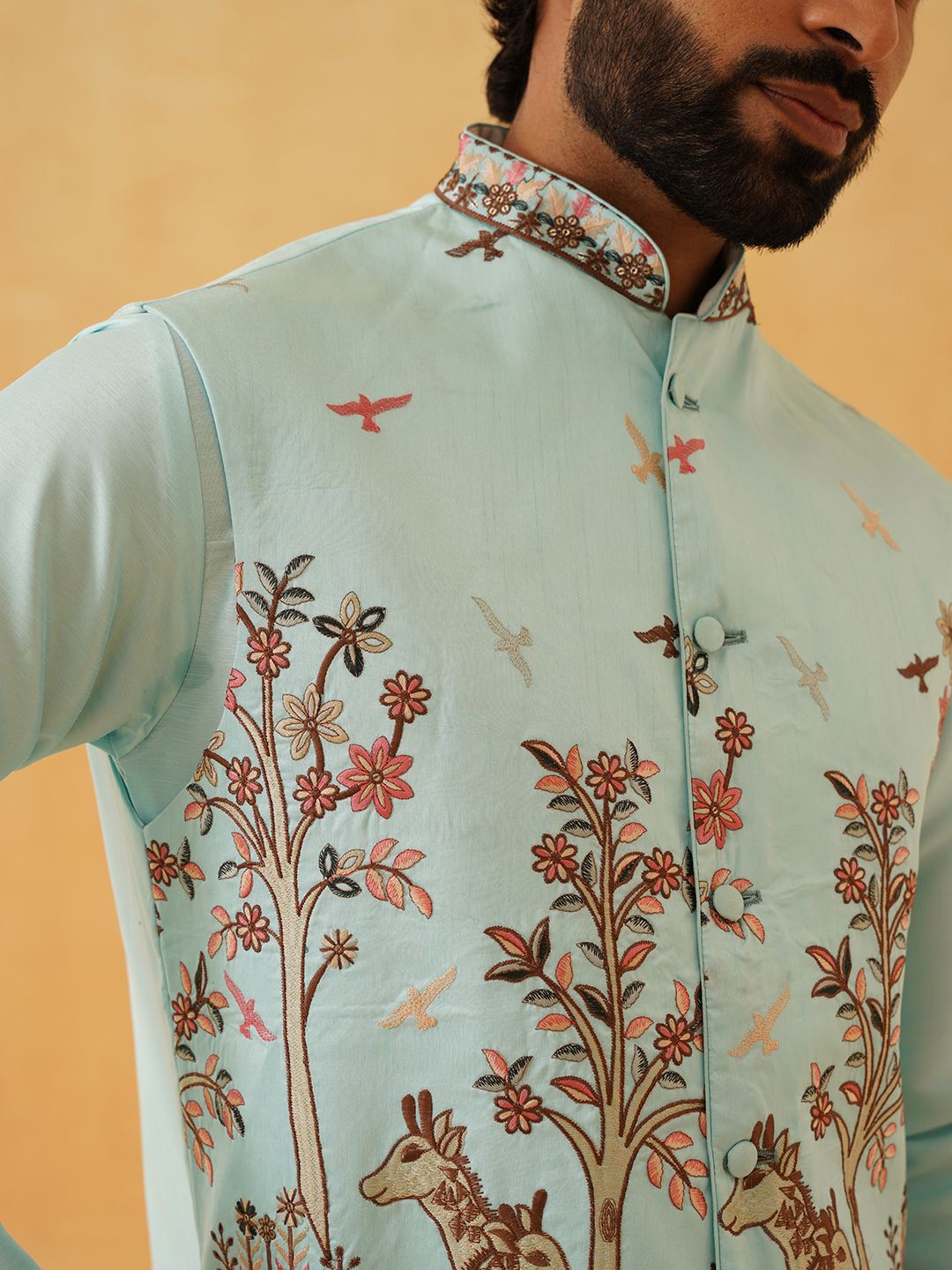 SOJANYA LUXE Thread Work Silk Cotton Straight Kurta with Churidar & Nehru Jacket