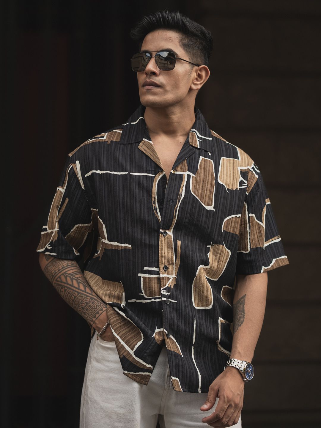 Powerlook Men Cuban Collar Abstract Printed Oversized Casual Shirt