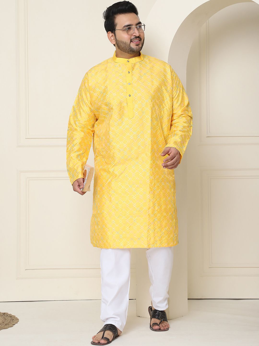 SOJANYA PLUS Geometrik Sulam Benang Kerja Sutera Kurta Lurus Kapas dengan Piyama