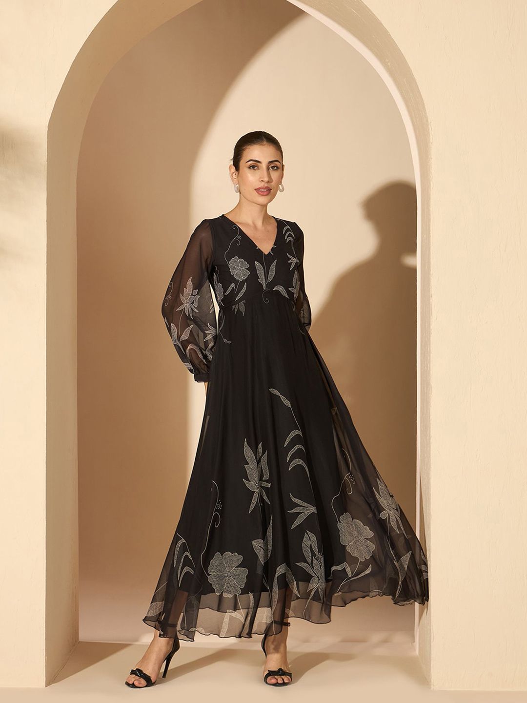Antheaa Floral Chiffon Fit and Flare Maxi Dress
