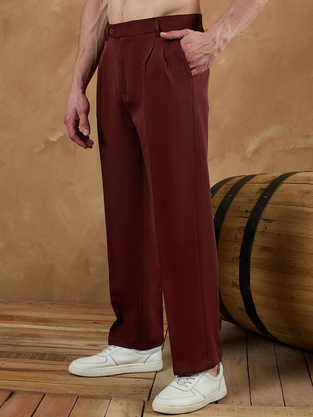 DENNISON Men Relaxed Baggy Mid-Rise Easy Wash Pleated Korean Pants Trousers