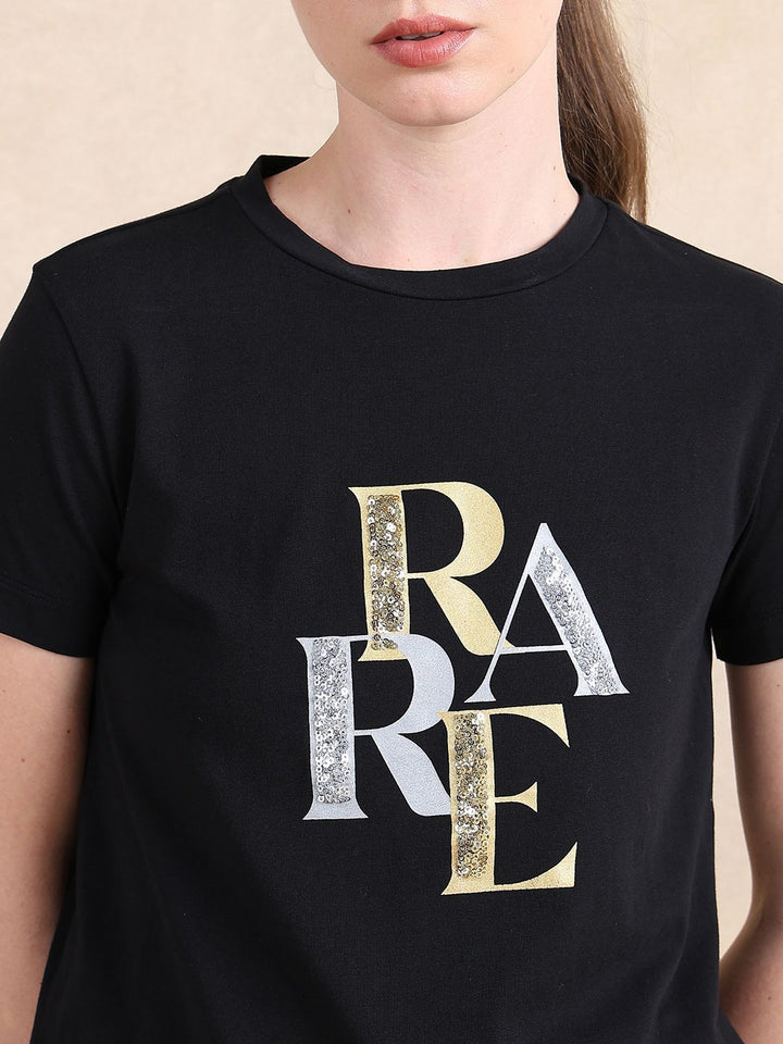 Rareism Wanita tipografi dicetak t-shirt kapas leher bulat