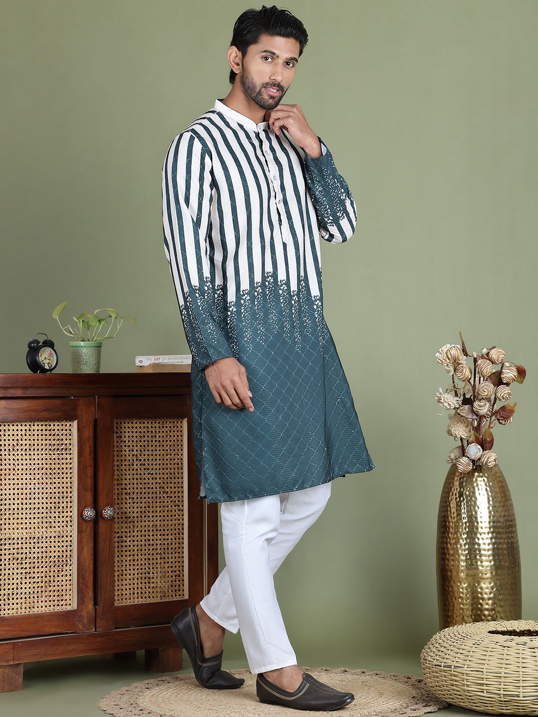 Jompers Striped Printed Band Collar Straight Kurta With Trouser