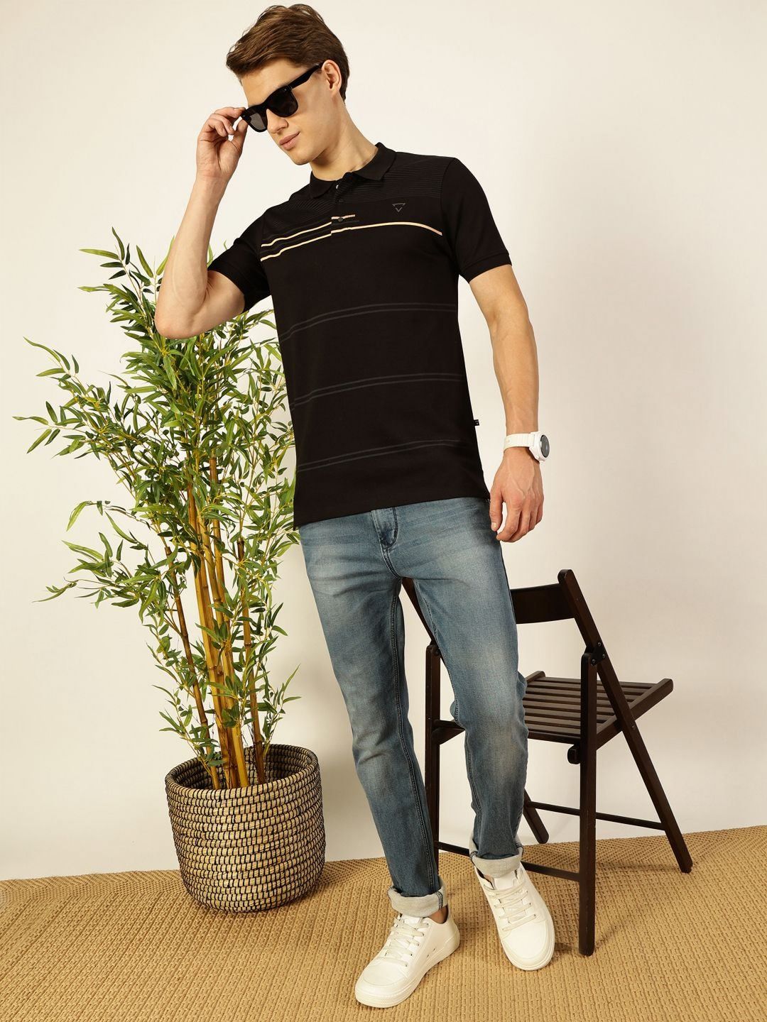 Thomas Scott Men Striped Polo Collar Cotton T-shirt