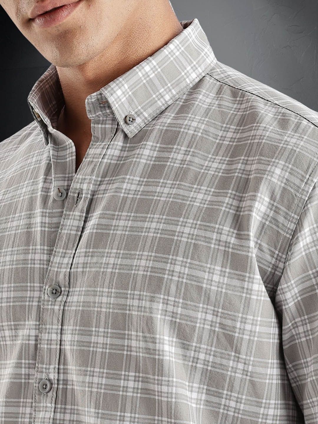 ADRO Tartan Checked Spread Collar Long Sleeves Cotton Casual Shirt