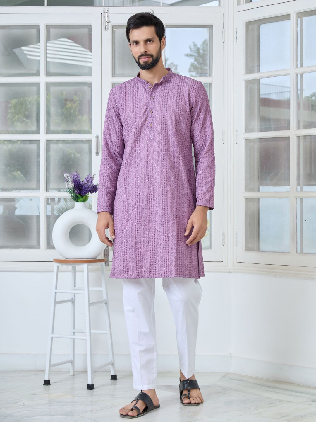 See Designs Floral Embroidered Mandarin Collar Thread Work Straight Kurta