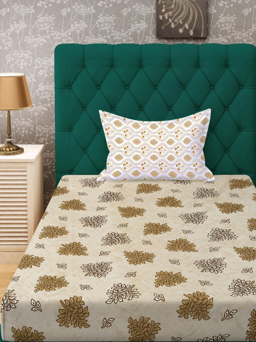 KLOTTHE Yellow Cotton Floral 400 TC Single Bedsheets