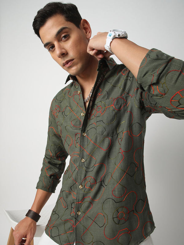 Vastrado Men Classic Geometric Reka Bentuk Diri Kapas Slim Fit Casual Shirt