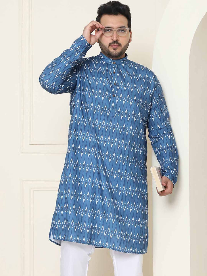 SOJANYA PLUS Motif Etnik Printed Band Collar Straight Cotton Kurta