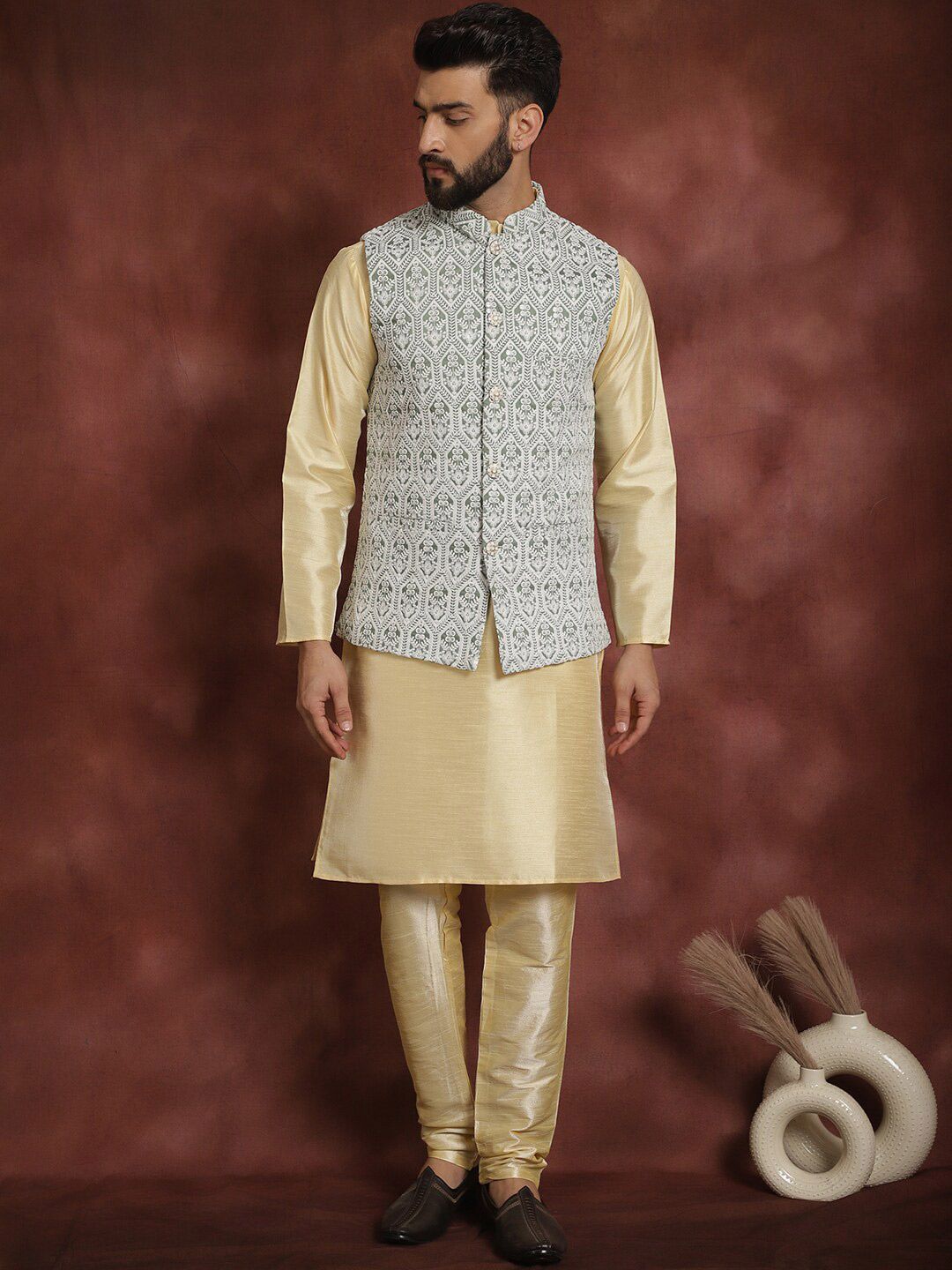 Anouk Ethnic Motifs Thread Work Straight Kurta with Churidar & Nehru Jacket