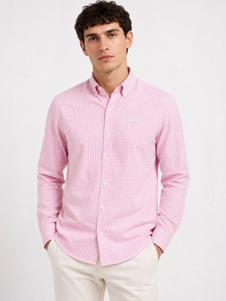 ADRO Men Pink & White Mini Checked Regular Fit Casual Cotton Shirt