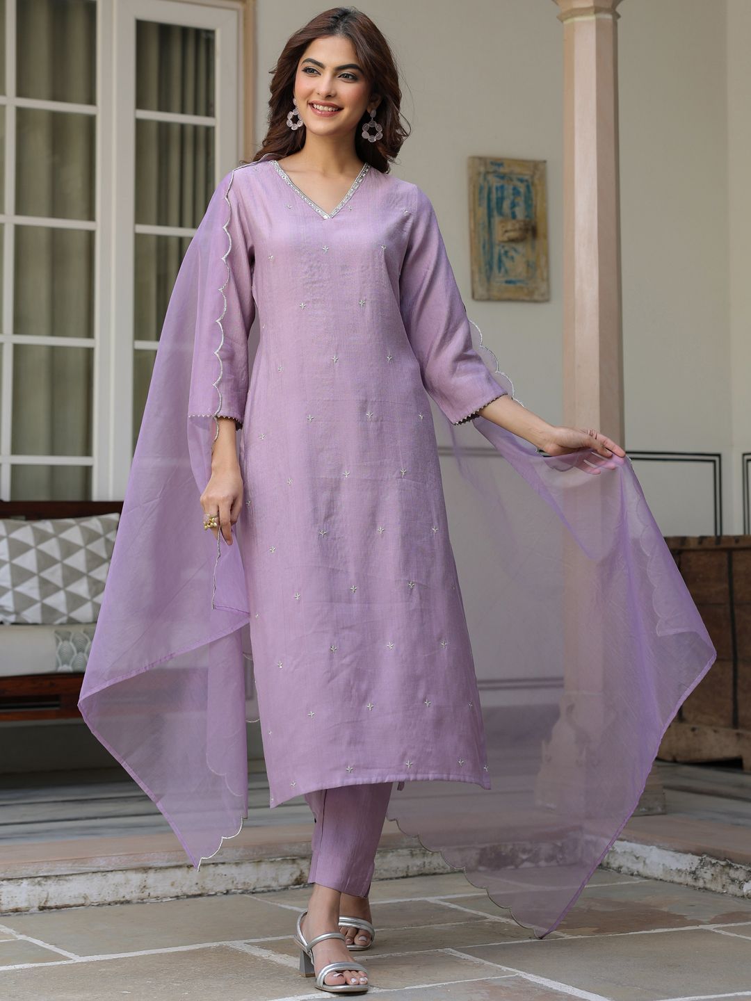 Janasya Women's Lavender Chinon Embellished Kurta with Pant and Dupatta