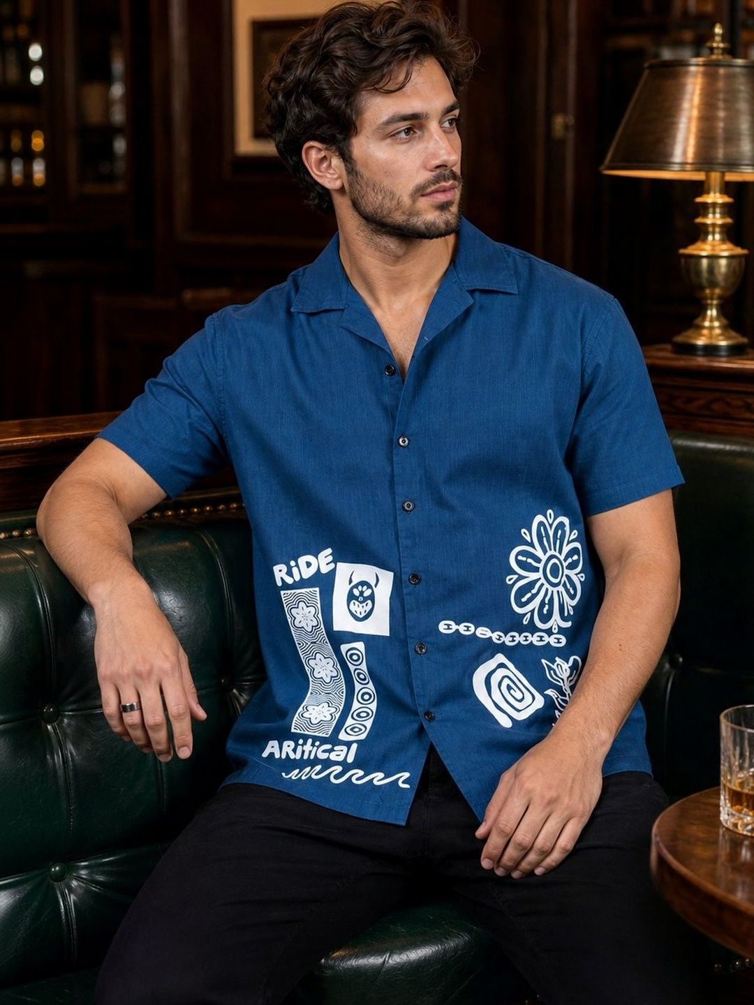 Eszett Men Conversational Printed Cuban Collar Cotton Casual Shirt