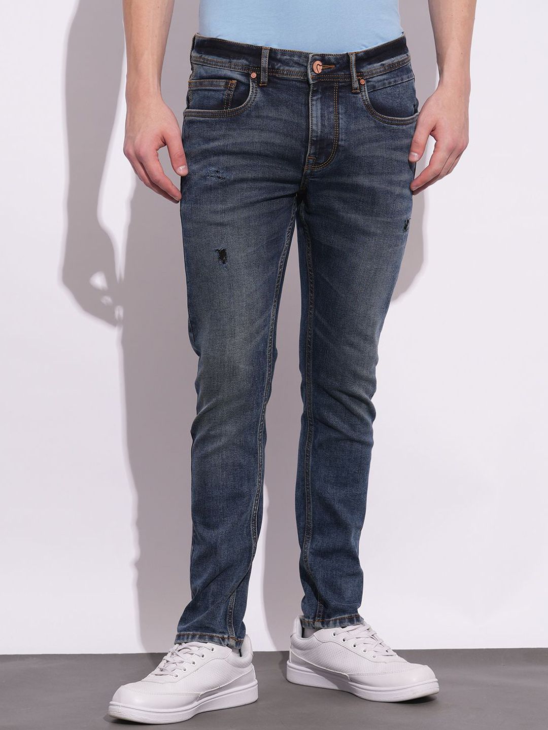 Being Human Men Classic Slim Fit Low Distress Light Fade Stretchable Jeans
