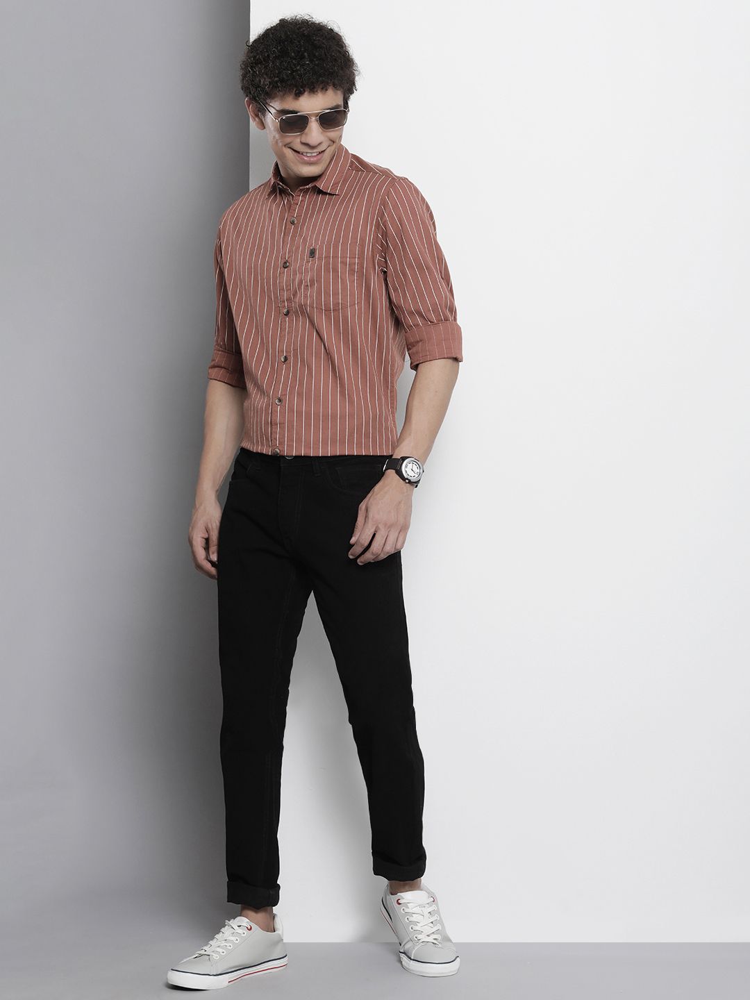 The Indian Garage Co Men Brown & White Striped Cotton Casual Shirt
