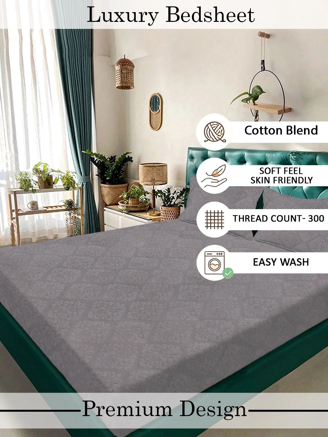 Myntra Elegant Homes Grey Floral 300 TC King Bedsheet with 2 Pillow Covers